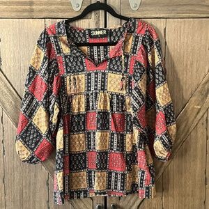 SUNNER Boho Patchwork Cotton Top Gold/Red/Black 3/4 Length Sleeve Size Small